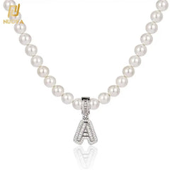 Nuoya Wholesale Name Pendant Choker Women Shell Hip Hop Zircon Pearl Initial Letter Necklace