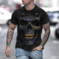 Men's round Neck Short-Sleeved Retro Casual T-Shirt Formal Style with Skull Pattern Printed Digital Printing Knitted Fabric