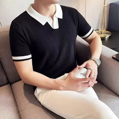 Men's Casual Polo Shirt Honeycomb Texture Breathable Turn-Down Collar Knit Sweater Summer Solid Color Contrast Slim Fit T-Shirt