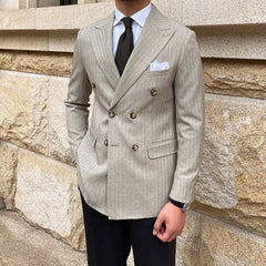 New Men's Atmosphere Slim Double-breasted Men's Suit Jacket Joker commuter Business Casual Striped Men's Suit Jacket.