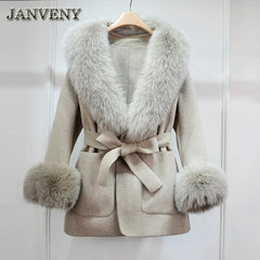 Winter Natural Fox Fur Collar Cuff Belt Wool Blends Cashmere Jacket Women Pockets Double Faced Woolen Trench Coat