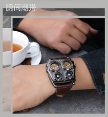 Oulm Men's Watches Two Time Zone  Pilot Style Watch Big Size Quartz Clock Male Leather Strap Wristwatch
