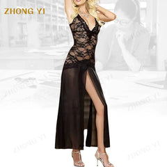 Women Sexy High Split Mesh Lace Lingerie Night Long Skirt Patchwork Slim Spaghetti Strapped Evening Party Maxi Dresses