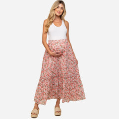 Floral Tiered Self Tie Waist Side Pockets Long Maxi Maternity Skirt