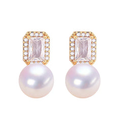 2024  Women's Natural Pearl Stud Earrings 18K Gold Plated Square Zircon S925 Silver Needle Jewelry
