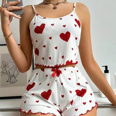 New Women's Comfortable Ribbed Sleepwear Cami Top Shorts with Heart Print Bow Loungewear Pajama Set for Halloween Parties Gift