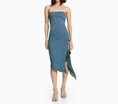 New Arrival Fashion Custom Asymmetrical Strapless Pleated Slit Denim Dress High Quality Women's Jean Midi Dress Summer Clothes