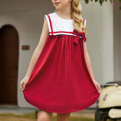 Summer Children Girls Sleeveless Dress Sailor Collar A-Line Christmas Birthday Party Dress for Toddlers With Bow