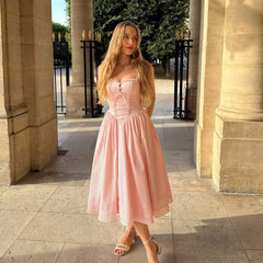 Elegant Pink Square Neck Spaghetti Strap Lace Trim Back Lace up Corset Waist Flowy Cotton Blend Party Casual Midi Dress