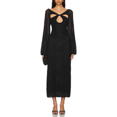 Party Lady Elegant Club Cut Out Clothing Dress Long Sleeve Sequin Midi Prom Women Dresses Manufacturer