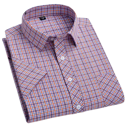 Men's 100% Cotton Plaid Dress Single Breasted Mandarin Knitted Design Wrinkle-Resistant Anti-Pilling Business Casual Style for