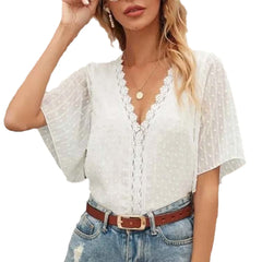 2022 Summer Trending Women's Clothing V Neck Short Sleeve Lace Shirts Woman Clothes Casual Tunic Tops Fashion Ladies' Blouses