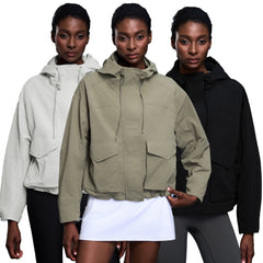 Women's Autumn Outdoor Sports Windbreaker Long Floral Drawstring Hooded Coat Waterproof Windproof Features Loose Short Washed