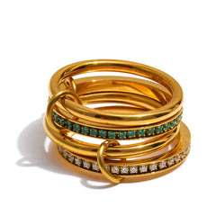 JINYOU 4279 Size 678 Four Layer Stainless Steel Ring Shining Green White Cubic Zirconia Gold Plated Trendy Fashion Jewelry
