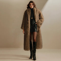 Women's Popular Eco-Friendly Loose Style X-Long Faux Fur Overcoat with Fox Border Designs Turn-down Collar Winter