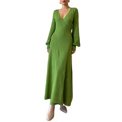 Knitwear Manufacturer Custom Mint Green v Neck Puff Sleeve Maxi Casual Formal Dress Women Elegant Sweater Knit Women's Dress