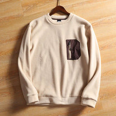 Men's Casual Contrast Color Patch Pocket Neck Fleece Sweatshirt Autumn Winter Cost-Effective Heat-Storing Design Raw Processing