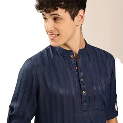 men striped printed kurta straight short kurta polyester viscose mandarin collar long sleeves curved hem kurta for mens