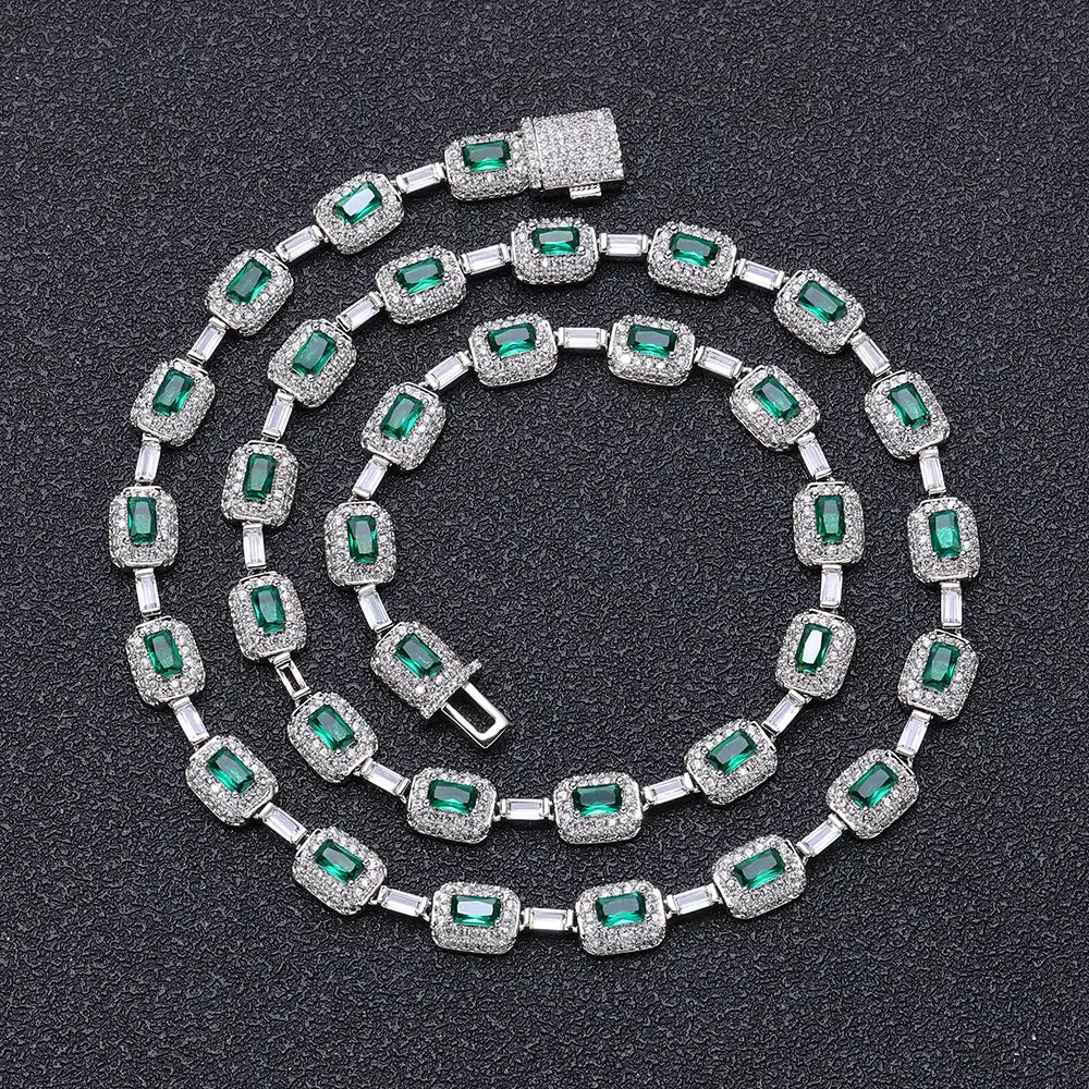 Baguette Diamond Link Chain Necklace Silver Plated Micro Pave Emerald Zircon Bling Hip Hop Fine Jewelry - MCROONS.COM