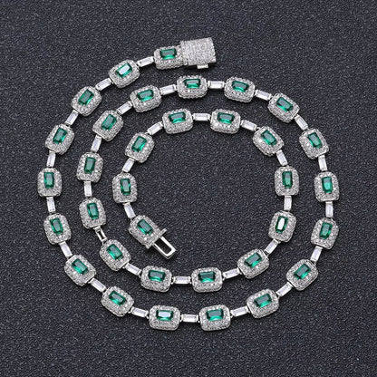 Baguette Diamond Link Chain Necklace Silver Plated Micro Pave Emerald Zircon Bling Hip Hop Fine Jewelry - MCROONS.COM