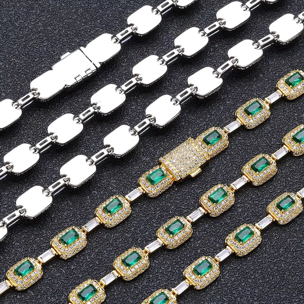 Baguette Diamond Link Chain Necklace Silver Plated Micro Pave Emerald Zircon Bling Hip Hop Fine Jewelry - MCROONS.COM