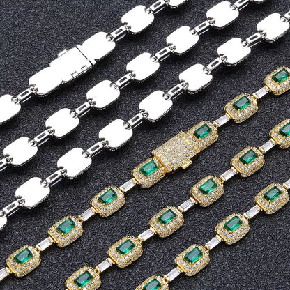 Baguette Diamond Link Chain Necklace Silver Plated Micro Pave Emerald Zircon Bling Hip Hop Fine Jewelry - MCROONS.COM