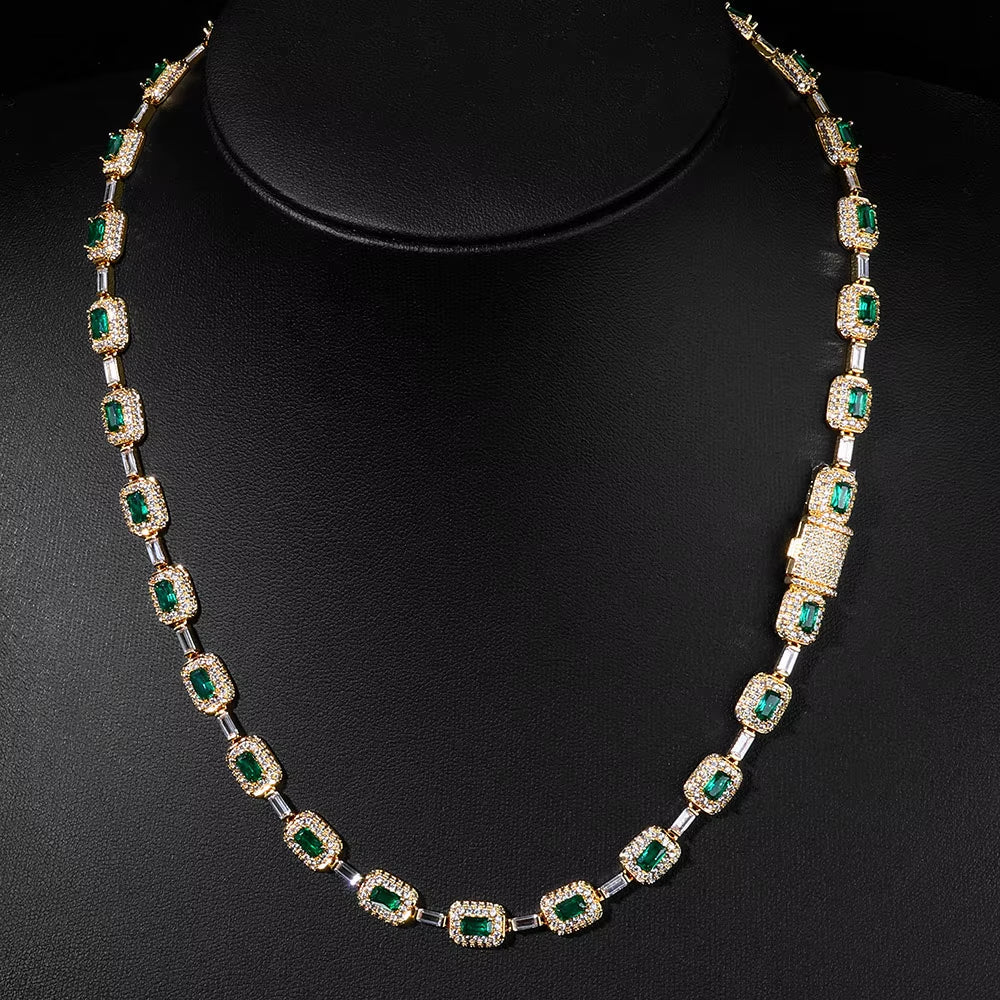 Baguette Diamond Link Chain Necklace Silver Plated Micro Pave Emerald Zircon Bling Hip Hop Fine Jewelry - MCROONS.COM