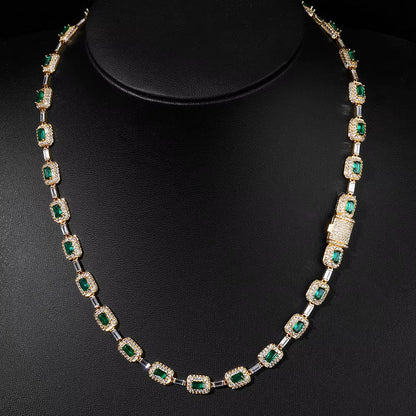 Baguette Diamond Link Chain Necklace Silver Plated Micro Pave Emerald Zircon Bling Hip Hop Fine Jewelry - MCROONS.COM