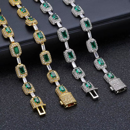 Baguette Diamond Link Chain Necklace Silver Plated Micro Pave Emerald Zircon Bling Hip Hop Fine Jewelry - MCROONS.COM