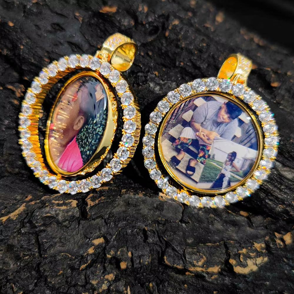 Custom Gold Plated Photo Pendant Small Fine Jewelry for Men & Women Hip Hop Style Iced Double Sided Rotating Photo Pendant - MCROONS.COM