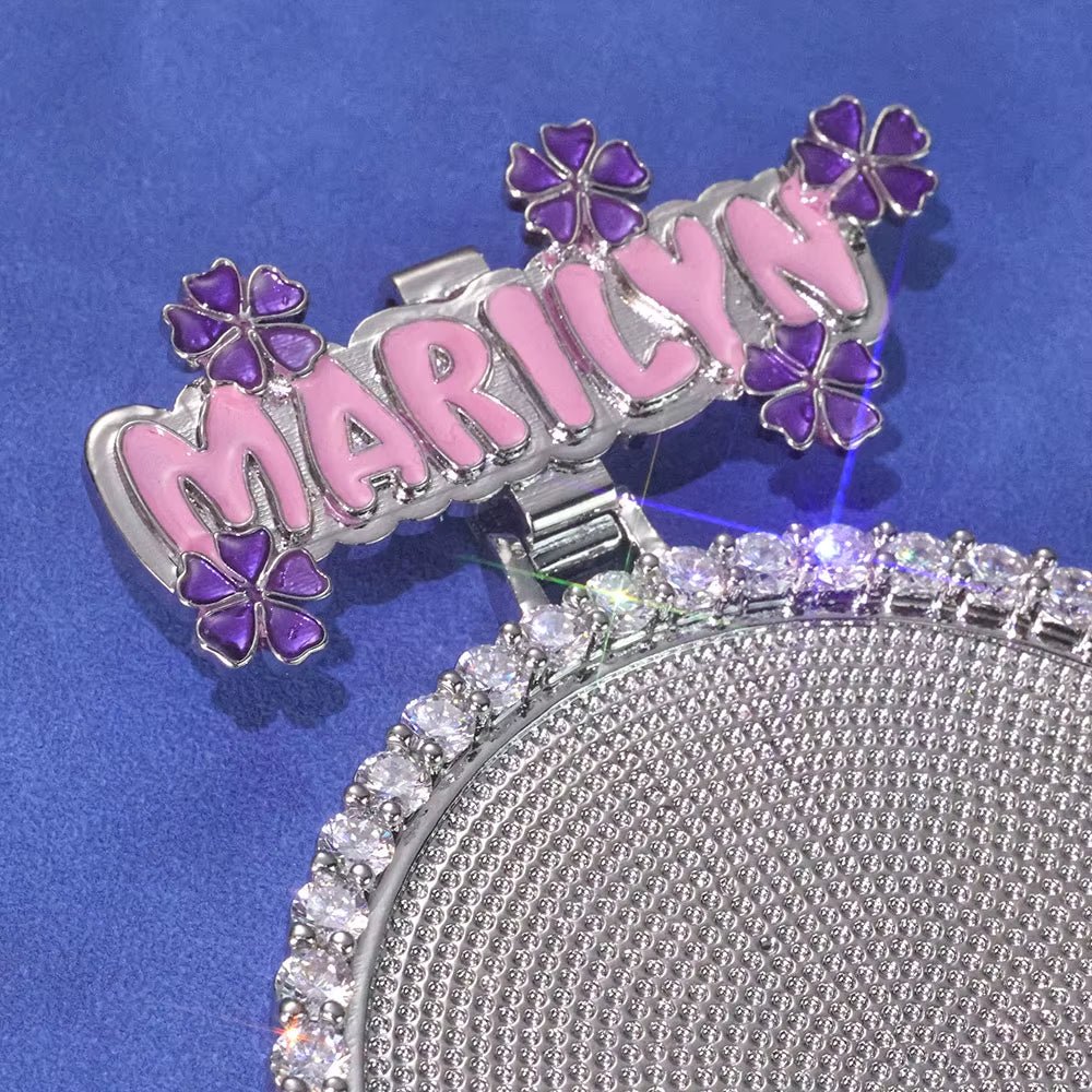 Custom Name Photo Pendant Hip Hop Jewelry Iced Out Diamond Large Hook Pink Pendant Silver Memorial Gift for Men Women - MCROONS.COM