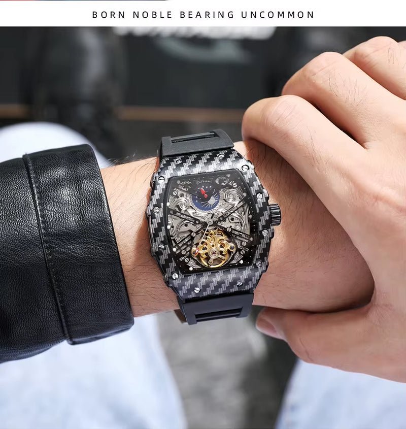 Custom OEM New Design Private Label Carbon Fiber Style Skeleton Fashion Luxury Uhren Men Tourbillon Automatic Mechanical Watch - MCROONS.COM