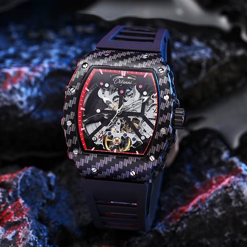 Custom OEM New Design Private Label Carbon Fiber Style Skeleton Fashion Luxury Uhren Men Tourbillon Automatic Mechanical Watch - MCROONS.COM