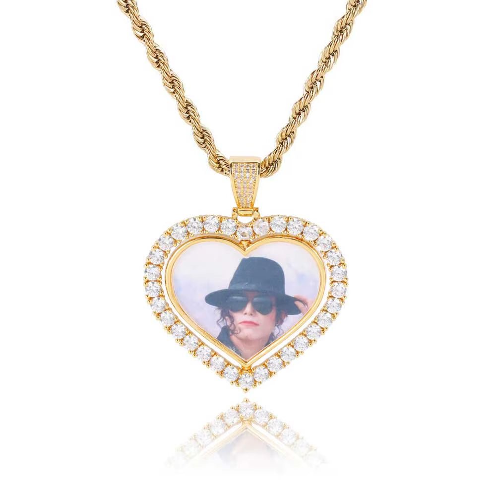 Custom Rotating Heart Photo Pendant Iced Out Diamond Memory Picture Pendant Hip Hop Jewelry for Gifts - MCROONS.COM