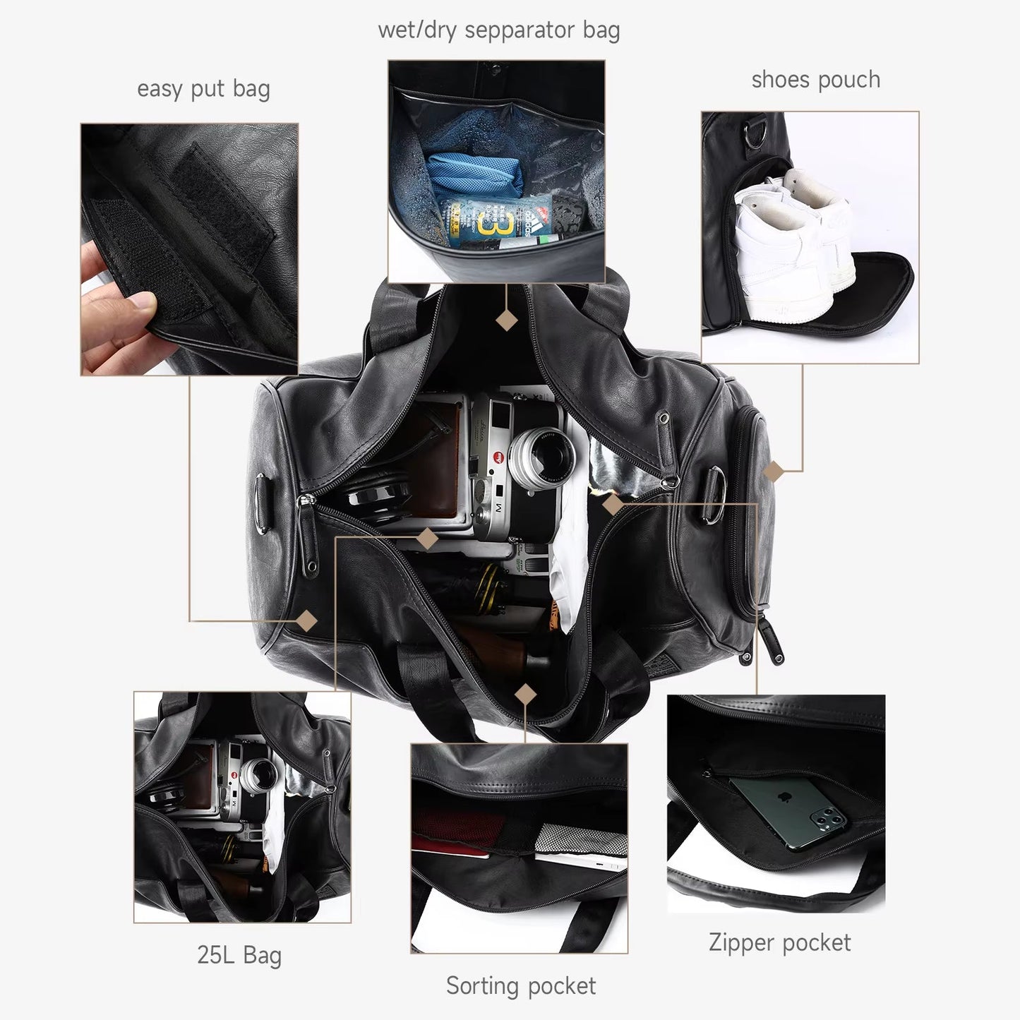 Custom Waterproof PU Leather Duffle Bags for Men Unisex Luggage Leather Travel Bag - MCROONS.COM