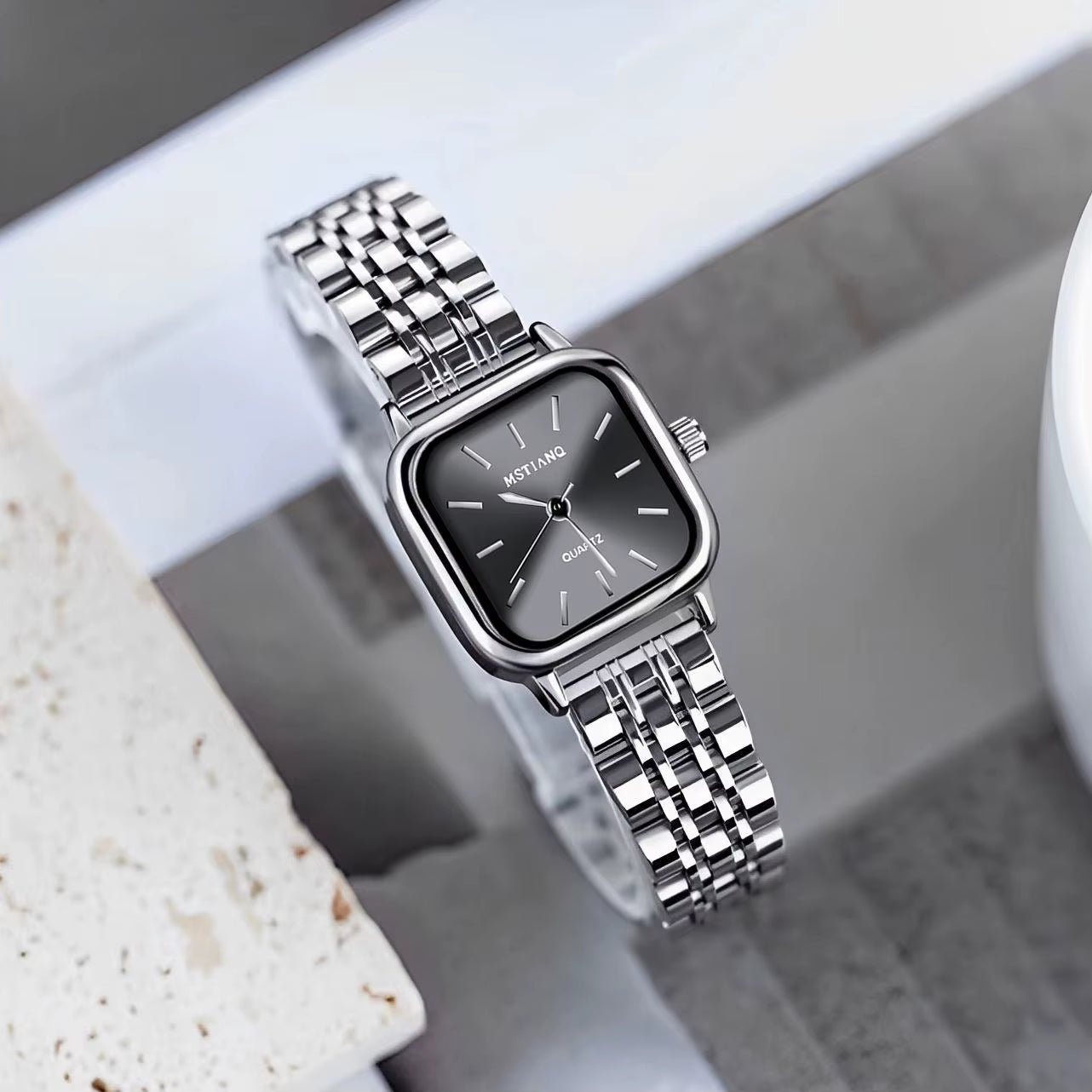 Elegant Luxury Women'S Quartz Watch Square Stainless Steel Band Waterproof 30Mm Glass Dial Window Fashionable Reloj - MCROONS.COM