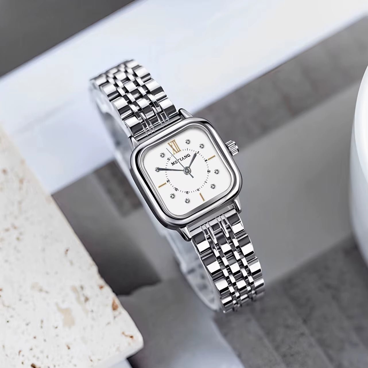 Elegant Luxury Women'S Quartz Watch Square Stainless Steel Band Waterproof 30Mm Glass Dial Window Fashionable Reloj - MCROONS.COM