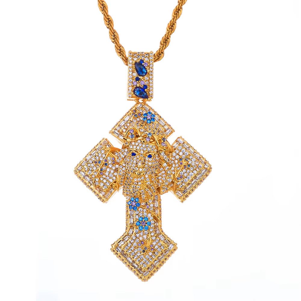 Gold Plated Iced Out Cross Pendant Mixed Inlay Baguette Zircon Bling Jesus Hip Hop Pendant Gift Fine Jewelry - MCROONS.COM