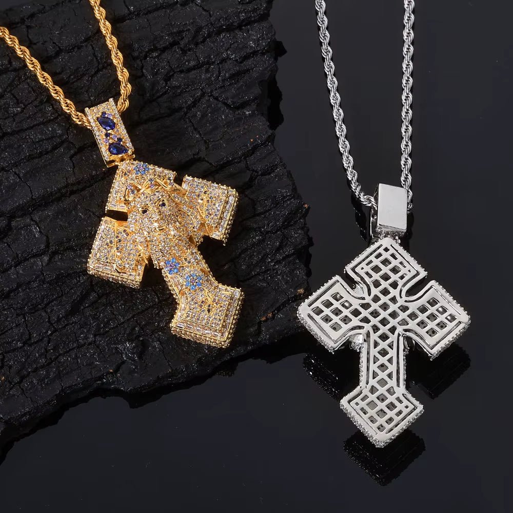 Gold Plated Iced Out Cross Pendant Mixed Inlay Baguette Zircon Bling Jesus Hip Hop Pendant Gift Fine Jewelry - MCROONS.COM