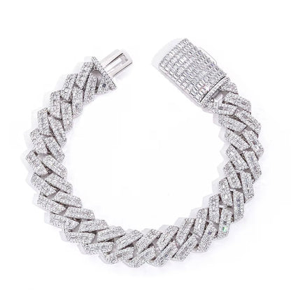 Heavy Duty Cuban Chain 925 Silver Bracelet Flip Buckle Iced VVS Moissanite Baguette Inlay Hip Hop Jewelry - MCROONS.COM