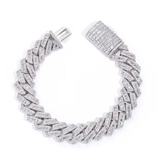 Heavy Duty Cuban Chain 925 Silver Bracelet Flip Buckle Iced VVS Moissanite Baguette Inlay Hip Hop Jewelry - MCROONS.COM