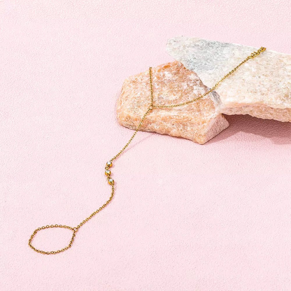 High - End 3 Stones Stainless Steel Hand Chain Tassel Bracelet Ring Dainty Zirconia Fashion Style Jewelry for Women - MCROONS.COM