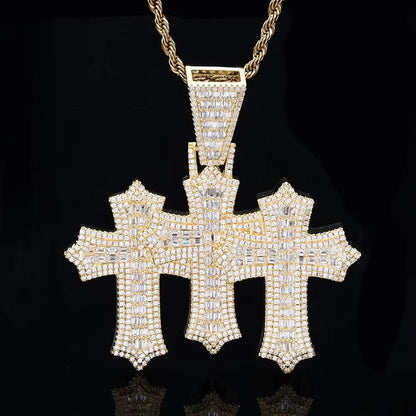 High Quality 3 - In - 1 Micro Pave Bling Baguette Cubic Zirconia Cross Pendant Silver Gold Plated Brass Diamond Charm Pendants - MCROONS.COM