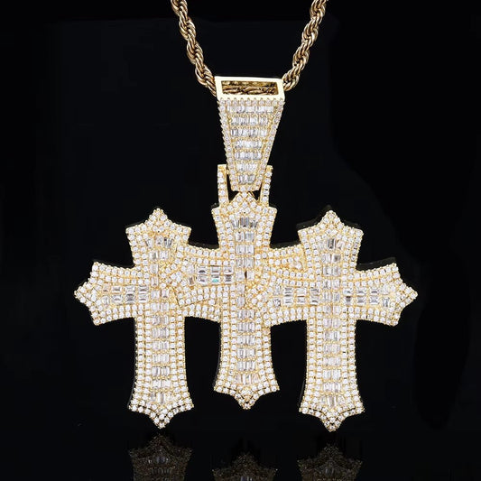 High Quality 3 - In - 1 Micro Pave Bling Baguette Cubic Zirconia Cross Pendant Silver Gold Plated Brass Diamond Charm Pendants - MCROONS.COM