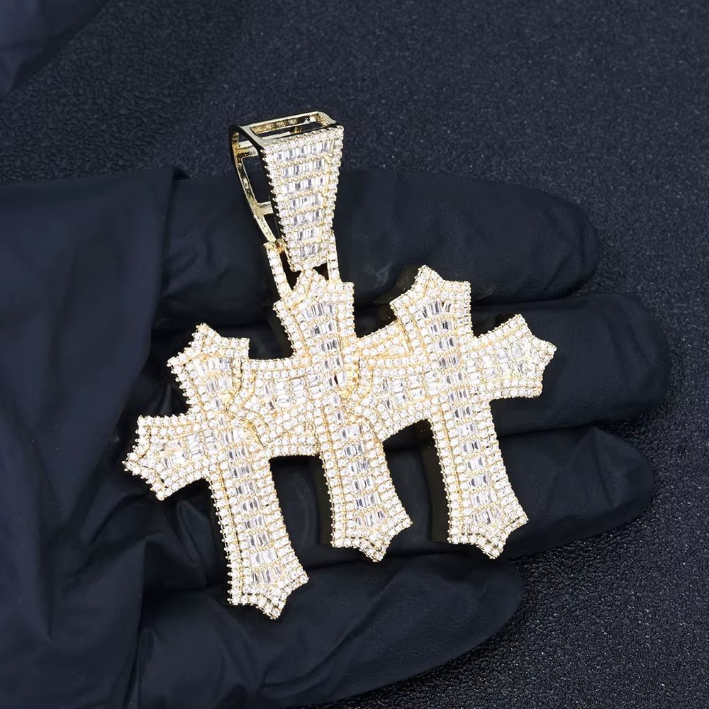 High Quality 3 - In - 1 Micro Pave Bling Baguette Cubic Zirconia Cross Pendant Silver Gold Plated Brass Diamond Charm Pendants - MCROONS.COM