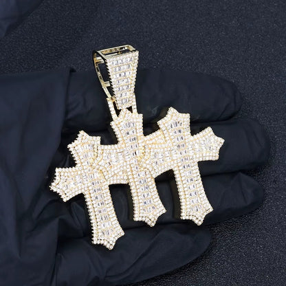 High Quality 3 - In - 1 Micro Pave Bling Baguette Cubic Zirconia Cross Pendant Silver Gold Plated Brass Diamond Charm Pendants - MCROONS.COM