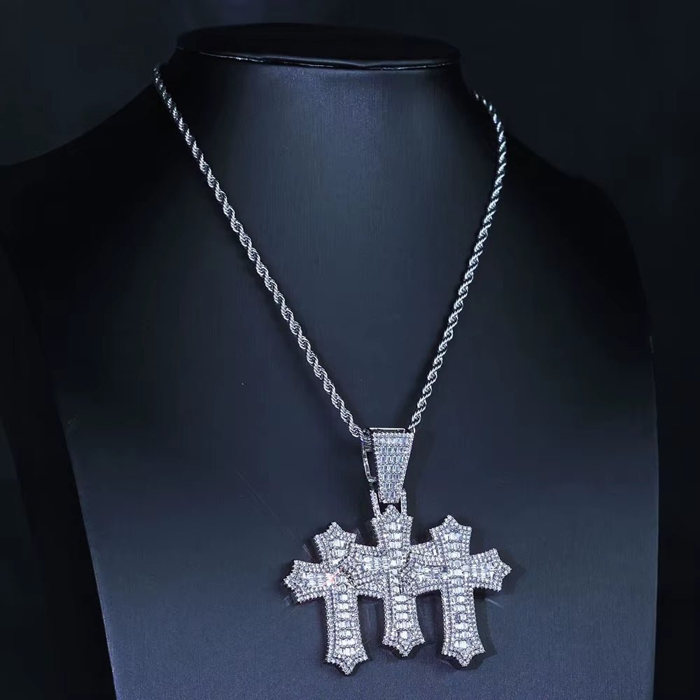 High Quality 3 - In - 1 Micro Pave Bling Baguette Cubic Zirconia Cross Pendant Silver Gold Plated Brass Diamond Charm Pendants - MCROONS.COM
