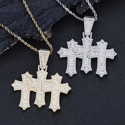 High Quality 3 - In - 1 Micro Pave Bling Baguette Cubic Zirconia Cross Pendant Silver Gold Plated Brass Diamond Charm Pendants - MCROONS.COM