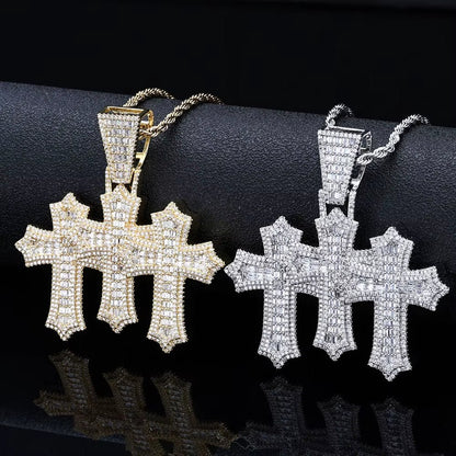 High Quality 3 - In - 1 Micro Pave Bling Baguette Cubic Zirconia Cross Pendant Silver Gold Plated Brass Diamond Charm Pendants - MCROONS.COM
