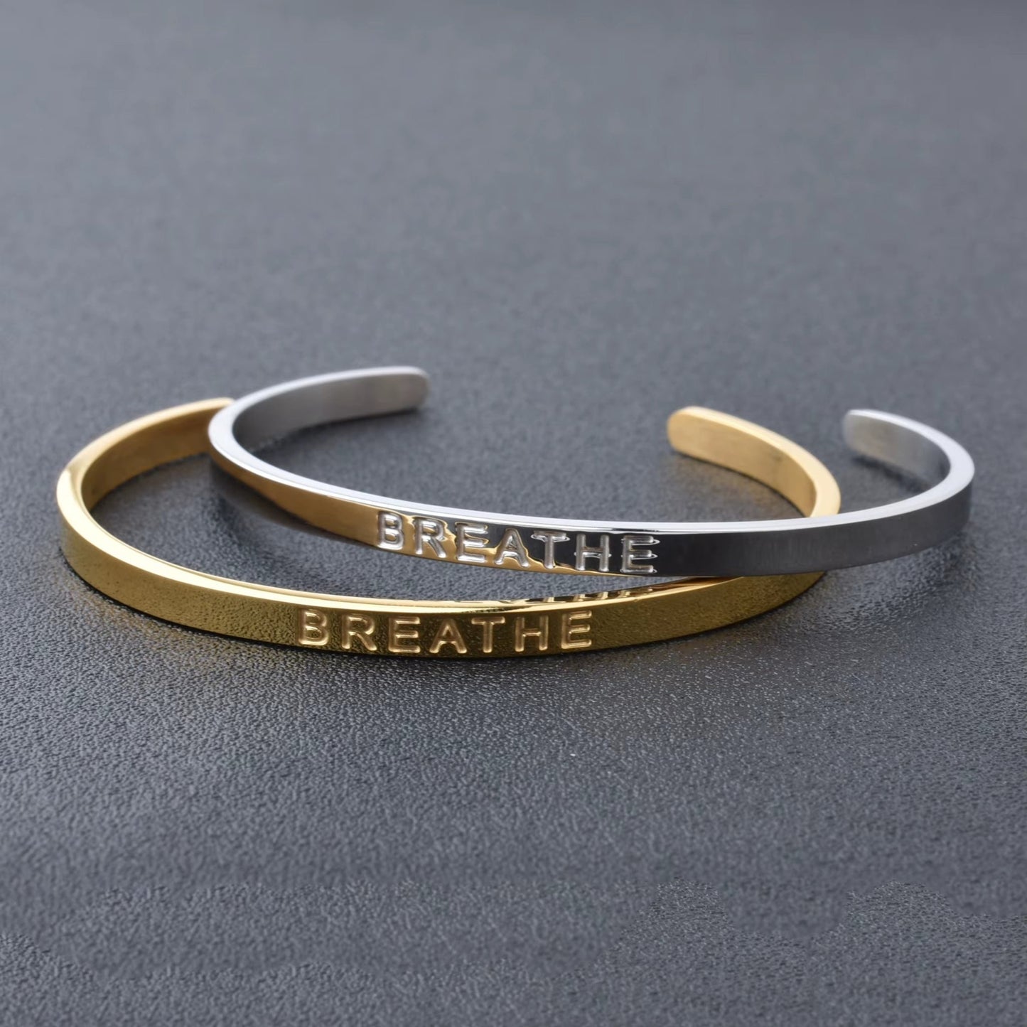 High Quality Engraved Words Logo Gold Plated Woman Mens Custom Logo Stainless Steel Bracelet Gold Cuff Bangle - MCROONS.COM